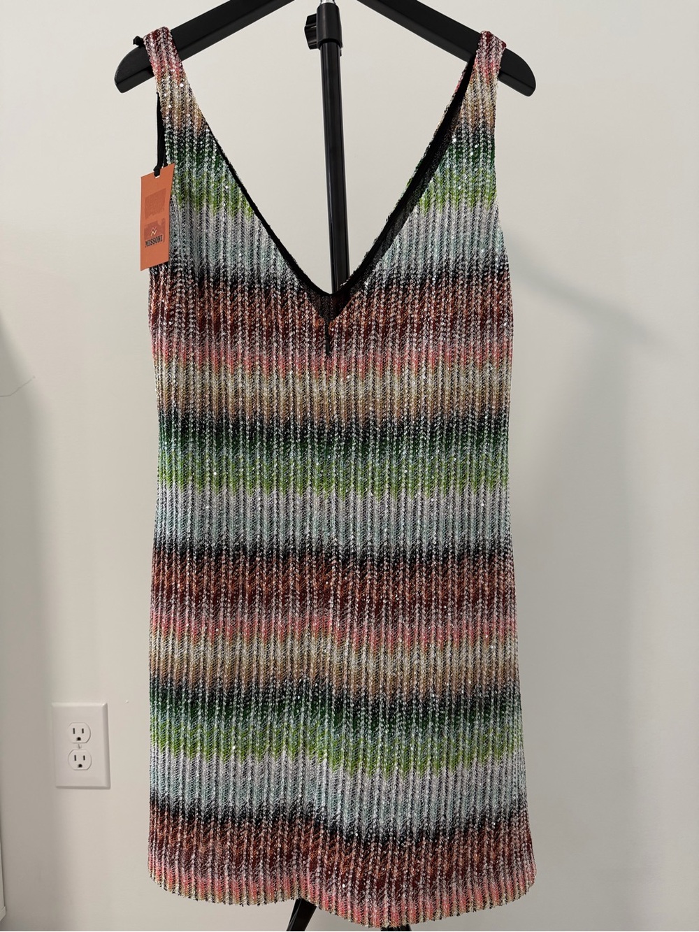 Missoni Striped V-Neck Ribbed Mini Dress in Green, Pink & Brown - Picture 2 of 4